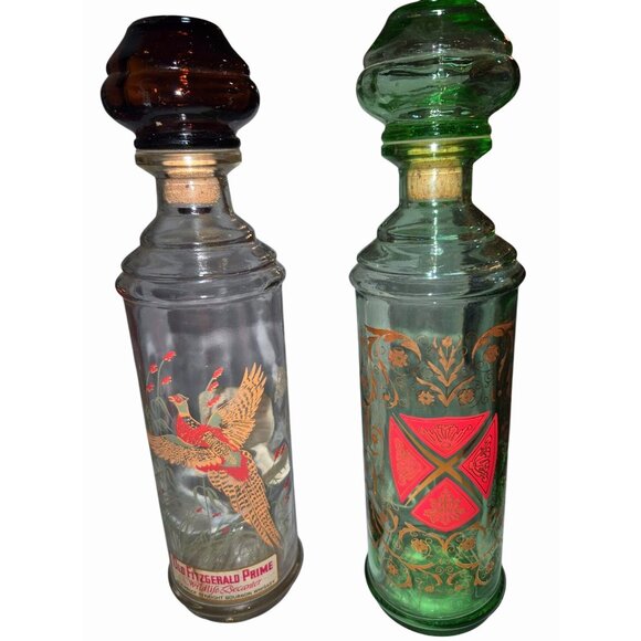 Vintage Glass Decanter Pair With Stoppers - Old Fitzgerald Prime & Green/Gold Fl - Picture 1 of 11